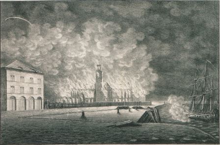 View of the burning arsenal in the former Saint Michael’s Abbey in Antwerp