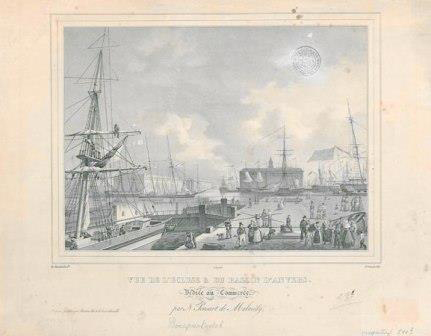 Lithograph with a “View of Bonaparte Lock and the docks”