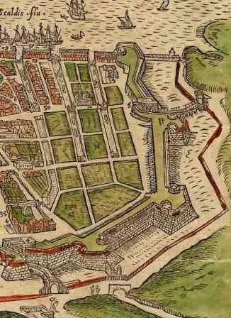 Detail 16de eeuwse kaart Nieuwstad met vlieten